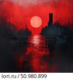 Abstract painting in red and black tones depicting a sunset over a city. A huge red sun dominates the background of skyscraper silhouettes, reflecting in the water surface. The artistic composition conveys drama, tension and emotional depth. Ideal for use in projects on the theme of futurism, urbanism, post-apocalyptic or expressive art. Стоковое AI-изображение, AI-художник Анна Кривицкая / Фотобанк Лори