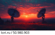 An impressive image of two radio telescopes against a stunning sunset. The silhouettes of the antennas stand out against the bright orange and crimson sky, creating an atmosphere of silence, mystery and scientific exploration. The landscape emphasizes the scale and technology of the equipment, in harmony with the beauty of nature. Ideal for topics related to science, space exploration, radio communications and astronomy. Стоковое AI-изображение, AI-художник Анна Кривицкая / Фотобанк Лори
