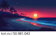 Experience the tranquility of a stunning sunset over a calm beach, with silhouettes of palm trees and gentle waves lapping at the shore. Стоковое AI-видео, аниматор Данила Большаков / Фотобанк Лори