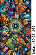 Image of a space scene with geometric shapes, planets, and galaxies. Стоковое AI-изображение, AI-художник Анастасия Пальчикова / Фотобанк Лори