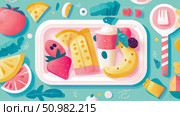 Delightful Summer Lunchbox: Fresh Fruits, Yogurt, and a Slice of Happiness. Стоковое AI-изображение, AI-художник Данила Большаков / Фотобанк Лори