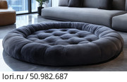Luxury Round Tufted Pet Bed in Modern Living Room. Стоковое AI-изображение, AI-художник Данила Большаков / Фотобанк Лори