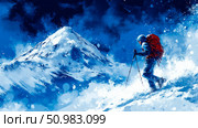 A lone hiker ascends a snow-covered mountain peak under a dramatic sky. Стоковое AI-изображение, AI-художник Данила Большаков / Фотобанк Лори