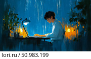 Nighttime Work: A Man Using Laptop in Blue-Toned Room. Стоковое AI-изображение, AI-художник Данила Большаков / Фотобанк Лори