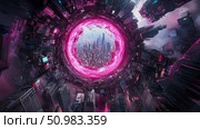 Futuristic Cityscape Viewed Through a Neon Portal: A Digital Painting of a Sci-Fi Metropolis. Стоковое AI-изображение, AI-художник Данила Большаков / Фотобанк Лори