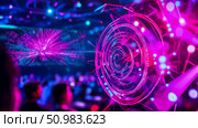 Futuristic Immersive Event with Radiant Neon Lights, Abstract Digital Projections, and Energetic Data Visualizations. Стоковое AI-изображение, AI-художник Данила Большаков / Фотобанк Лори