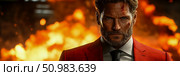 Gritty Cinematic Portrait of a Fierce Bearded Man with Facial Scars, Dressed in a Red Suit, Standing Against a Blazing Inferno. Стоковое AI-изображение, AI-художник Данила Большаков / Фотобанк Лори
