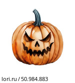 A scary, angry orange pumpkin on a white background. autumn vegetable. October 31st, Halloween.  artificial intelligence generator, AI, neural network image. background for the design. Стоковое AI-изображение, AI-художник Алёна Мостович / Фотобанк Лори