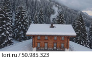 Smoke rising from wooden chalet chimney, surrounded by snow blanketed pine trees, depicting peaceful winter mountain scene with rustic charm. Стоковое AI-видео, аниматор Данил Руденко / Фотобанк Лори