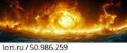 Epic Cosmic Conflagration: Blazing Swirling Vortex Illuminates Turbulent Oceans Under Fiery Sky. Стоковое AI-изображение, AI-художник Данила Большаков / Фотобанк Лори