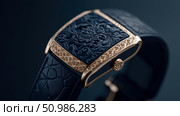 Luxurious dark blue timepiece with exquisite carved floral patterns and ornate golden accents, showcasing high-end craftsmanship and elegant design. Стоковое AI-изображение, AI-художник Данила Большаков / Фотобанк Лори