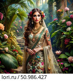 A Fantasy Queen in a Floral Sari Stands in a Lush Garden. Generative AI. Стоковое AI-изображение, AI-художник Roman Zavorotny / Фотобанк Лори