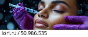 Close-up of person receiving cosmetic dermal filler injection near nose, performed by professional in purple gloves, highlighting modern beauty enhancement and facial rejuvenation with glowing effects. Стоковое AI-изображение, AI-художник Данила Большаков / Фотобанк Лори