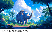 A majestic, light blue rhinoceros, equipped with traveling bags, peacefully traverses vibrant, sunlit fantasy jungle path under expansive blue sky dotted with fluffy white clouds and soaring birds. Стоковое AI-изображение, AI-художник Данила Большаков / Фотобанк Лори