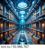 Futuristic Prison Interior With Skylights and Metal Cells. Generative AI. Стоковое AI-изображение, AI-художник Roman Zavorotny / Фотобанк Лори