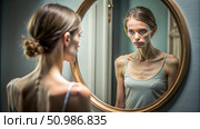 Young Woman Looking at Her Reflection in a Bathroom Mirror. Generative AI. Стоковое AI-изображение, AI-художник Roman Zavorotny / Фотобанк Лори