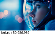 Contemplative side profile of woman in futuristic astronaut helmet, her gaze fixed beyond reflective visor as soft, dreamlike bokeh lights illuminate mysterious blue background. Стоковое AI-изображение, AI-художник Данила Большаков / Фотобанк Лори