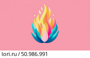 An eye-catching abstract illustration featuring vibrant blend of dynamic, multi-colored flames rising from stylized blue and pink lotus, all set against soft, solid pink background, embodying warmth and tranquility. Стоковое AI-изображение, AI-художник Данила Большаков / Фотобанк Лори