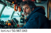 Intense gaze of seasoned mariner, close-up portrait inside ships cockpit featuring his rugged face, gray beard and ocean view beyond. Стоковое AI-изображение, AI-художник Данила Большаков / Фотобанк Лори