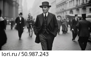 A dapper man in fedora and pinstripe suit confidently strides down bustling vintage city street, surrounded by fellow pedestrians in classic black and white urban scene. Стоковое AI-изображение, AI-художник Данила Большаков / Фотобанк Лори