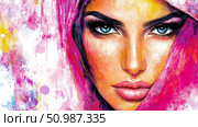 Expressive and colorful abstract portrait painting of beautiful woman with intense blue eyes and flowing fuchsia scarf amidst artistic paint splashes. Стоковое AI-изображение, AI-художник Данила Большаков / Фотобанк Лори