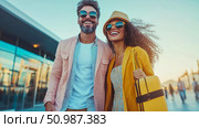 Uplifting portrait of fashion-forward couple beaming with excitement, dressed for bright summer trip with striking yellow suitcase at modern terminal. Стоковое AI-изображение, AI-художник Данила Большаков / Фотобанк Лори