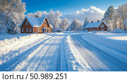 Snowy Road Leading to Wooden Houses in a Winter Wonderland. Стоковое AI-изображение, AI-художник Данила Большаков / Фотобанк Лори