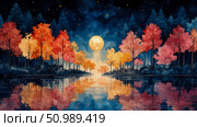 Autumnal Forest Reflection at Nightfall Under a Full Moon. Стоковое AI-изображение, AI-художник Данила Большаков / Фотобанк Лори