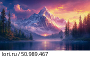 Serene Mountain Lake at Sunset: A digital painting depicting a majestic snow-capped mountain peak reflected in a calm lake at sunset, surrounded by a tranquil forest. Стоковое AI-изображение, AI-художник Данила Большаков / Фотобанк Лори