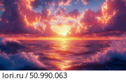 Fiery Sunset over a Turbulent Ocean: A Dramatic Seascape. Стоковое AI-изображение, AI-художник Данила Большаков / Фотобанк Лори