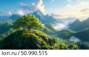 Serene Mountaintop Tree: A Breathtaking Sunrise Panorama. Стоковое AI-изображение, AI-художник Данила Большаков / Фотобанк Лори