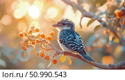 Juvenile Collared Kingfisher Perched on Branch at Golden Hour. Стоковое AI-изображение, AI-художник Данила Большаков / Фотобанк Лори