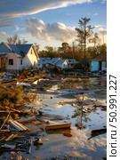 Morning sun over a flooded village after a natural disaster, illustrating the devastating consequences. Concept: Aftermath of natural disasters. For climate reports and studies. Стоковое AI-изображение, AI-художник Лариса Пономарева / Фотобанк Лори