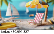 Relaxing beach scene featuring colorful umbrella, lounge chair, and sailboats on a sunny day. Стоковое AI-видео, аниматор Сергей Толмачёв / Фотобанк Лори