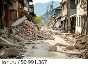 Destroyed houses in the aftermath of an earthquake, showcasing the impact of natural disasters. For educational, environmental awareness, and disaster recovery materials. Стоковое AI-изображение, AI-художник Лариса Пономарева / Фотобанк Лори