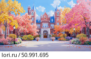 Autumnal Academy: A Breathtaking Impressionist Painting of a Collegiate Building in Vibrant Fall Foliage. Стоковое AI-изображение, AI-художник Данила Большаков / Фотобанк Лори