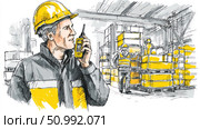Warehouse worker using walkie talkie coordinating logistics with colleagues. Стоковое фото, фотограф Юрий Поздников / Фотобанк Лори