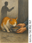An emotional illustration of a man feeding a homeless ginger cat. On the wall behind is a shadow of another man pointing a finger in condemnation. The painting conveys the contrast between kindness and indifference, compassion and condemnation. A warm, expressive scene touching on the theme of mercy, helping animals and moral choice. Стоковое AI-изображение, AI-художник Анна Кривицкая / Фотобанк Лори