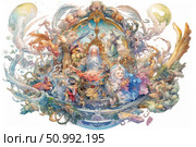 A magnificent fairy tale illustration in the style of watercolor fantasy, filled with many mythical creatures, wizards, animals and fairy tale details. The composition is designed as a sphere or a magical world, where elements of nature, magic and imagination are intertwined. The picture radiates an atmosphere of a good fairy tale, magic and children's delight. Suitable for decorating books, wall posters, cards and fantasy projects. Стоковое AI-изображение, AI-художник Анна Кривицкая / Фотобанк Лори