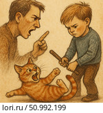 A colored pencil illustration on the topic of animal cruelty and parenting. It depicts an angry child with a stick about to hit a frightened cat, and an adult man, probably a father, sternly stopping him. The scene is filled with emotional tension and vividly conveys the theme of aggression, animal protection and the importance of proper parenting. Suitable for social and pedagogical projects, educational materials, psychological publications and articles on cruelty. Стоковое AI-изображение, AI-художник Анна Кривицкая / Фотобанк Лори