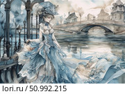 Watercolor illustration of a young woman in an elegant blue Victorian dress. She stands on the embankment by the water, with an elegant bridge and old buildings in the background. The dress flutters in the wind, reflecting in the calm water, creating a sense of fairytale, elegance and romance. The painting is full of lightness and subtle details, suitable for the themes of art, fashion, femininity and historical stylistics. Стоковое AI-изображение, AI-художник Анна Кривицкая / Фотобанк Лори