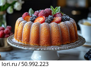 An appetizing sponge cake decorated with fresh berries - strawberries, blackberries, raspberries - and lightly sprinkled with powdered sugar. The pastry is served on an elegant ceramic stand, against the backdrop of a cozy kitchen with serving elements. An ideal photo for culinary blogs, recipe books, advertising of confectionery products or posts about homemade baking. The image conveys warmth, comfort and the aesthetics of gastronomic pleasure. Стоковое AI-изображение, AI-художник Анна Кривицкая / Фотобанк Лори