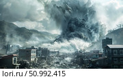 Giant wave and city destruction during a tsunami, illustrating the power of natural disasters. Concept: Aftermath of natural disasters. For educational resources and environmental reports. Стоковое AI-изображение, AI-художник Лариса Пономарева / Фотобанк Лори