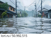 Flooded urban neighborhood during heavy rainfall, demonstrating the consequences of natural disasters. Concept: Aftermath of natural disasters. For educational and news materials. Стоковое AI-изображение, AI-художник Лариса Пономарева / Фотобанк Лори