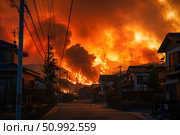 Raging wildfire approaching a residential area at dusk, emphasizing the threat of natural disasters to communities. Concept: Aftermath of natural disasters. For educational and news materials. Стоковое AI-изображение, AI-художник Лариса Пономарева / Фотобанк Лори