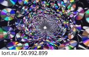 Compact discs swirling in mesmerizing tunnel, iridescent surfaces creating colorful kaleidoscopic pattern converging toward bright central glow. Стоковое AI-видео, аниматор Данил Руденко / Фотобанк Лори
