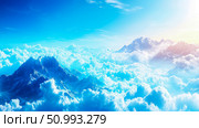Heavenly Peaks: A Breathtaking Aerial View of Snow-Capped Mountains Above a Sea of Clouds. Стоковое AI-изображение, AI-художник Данила Большаков / Фотобанк Лори