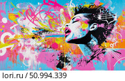 Abstract Expressionist Portrait of a Woman Singing, Vibrant Colors and Dynamic Composition. Стоковое AI-изображение, AI-художник Данила Большаков / Фотобанк Лори