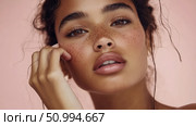 Close-up Portrait of a Woman with Freckles and Brown Eyes. Стоковое AI-изображение, AI-художник Данила Большаков / Фотобанк Лори