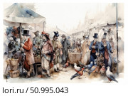 Watercolor illustration of a busy market scene in the style of the 18th-19th century. In the foreground are people in historical costumes with top hats and cloaks, trading and chatting between the stalls. Brightly colored pigeons and other birds walk at the feet of passersby. The atmosphere is filled with movement, details and the spirit of an old European city. Suitable for book design, historical materials, packaging design, postcards and educational projects. Стоковое AI-изображение, AI-художник Анна Кривицкая / Фотобанк Лори